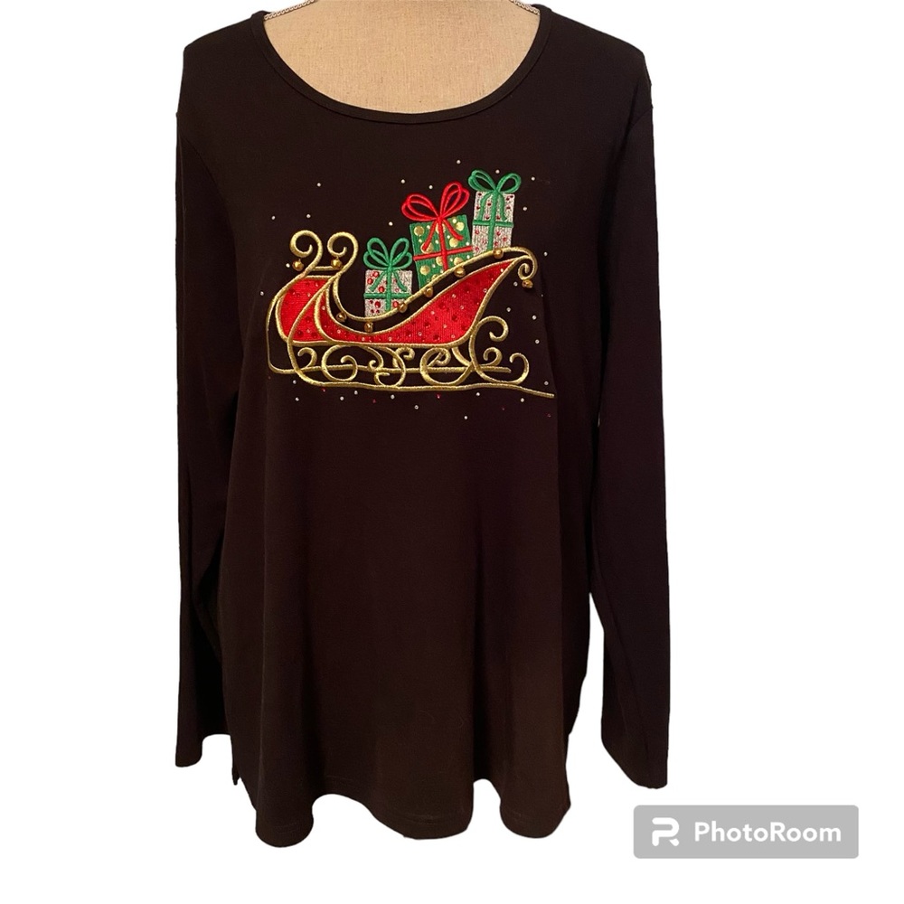 QUACKER FACTORY TOP TEE LONG SLEEVE BLACK GOLD RED HOLIDAY JINGLE BELLS SIZE XL